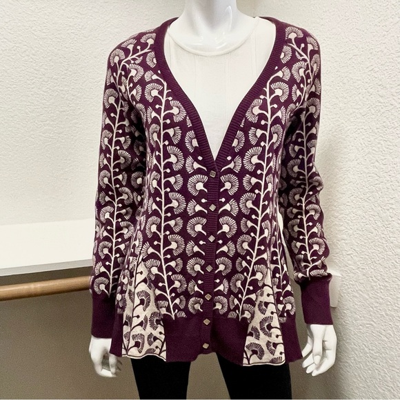 Rare*ANTHRO* HWR Monogram, Climbing Marigold Cotton/Wool Blend Cardigan Sz M - Picture 1 of 10